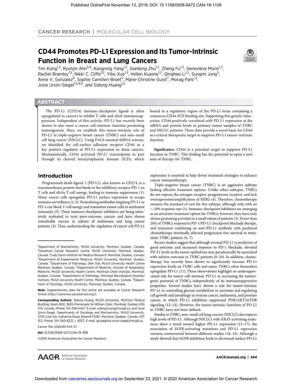 CD44 Promotes PD-L1 Expression and Its Tumor