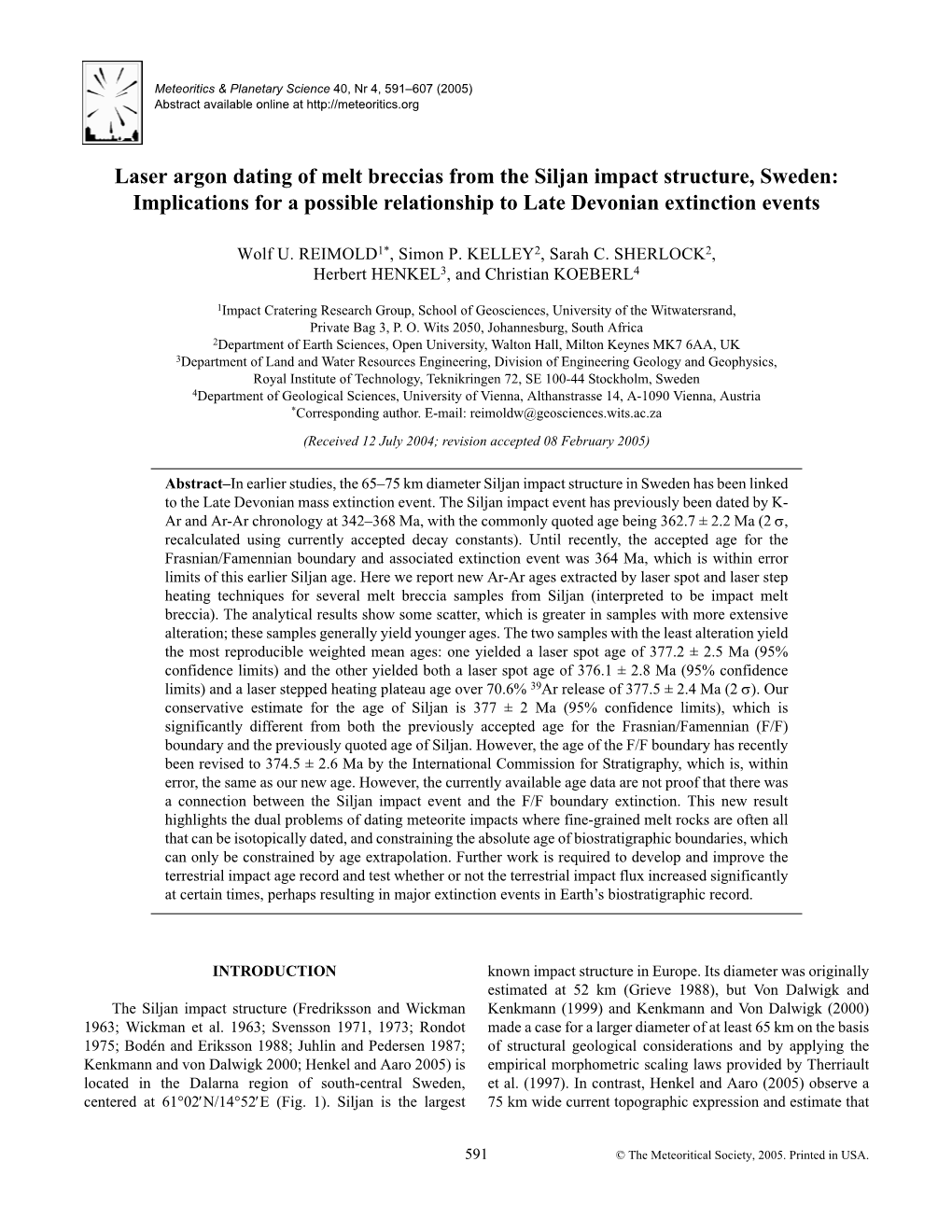 Laser Argon Dating of Melt Breccias from the Siljan Impact Structure, Sweden: Implications for a Possible Relationship to Late Devonian Extinction Events