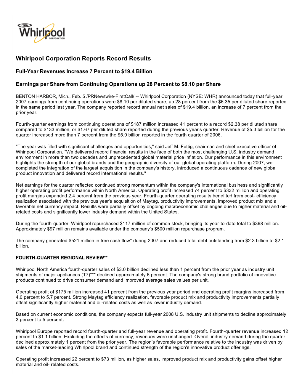Whirlpool Corporation Reports Record Results