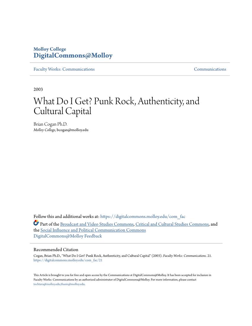 What Do I Get? Punk Rock, Authenticity, and Cultural Capital Brian Cogan Ph.D