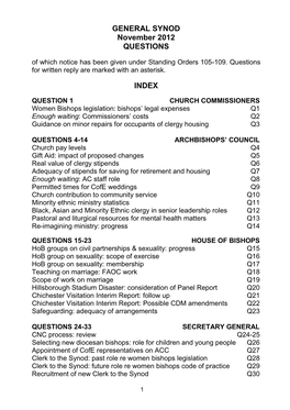 GENERAL SYNOD November 2012 QUESTIONS of Which Notice Has Been Given Under Standing Orders 105-109