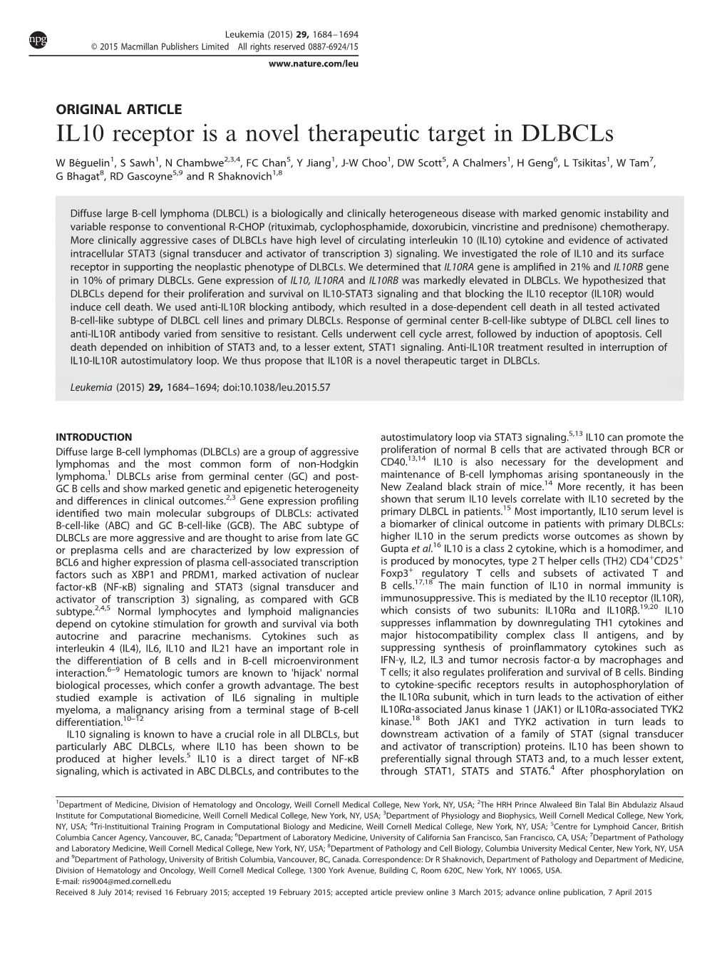 IL10 Receptor Is a Novel Therapeutic Target in Dlbcls
