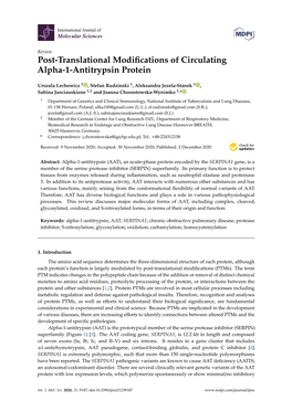 Post-Translational Modifications of Circulating Alpha-1-Antitrypsin Protein