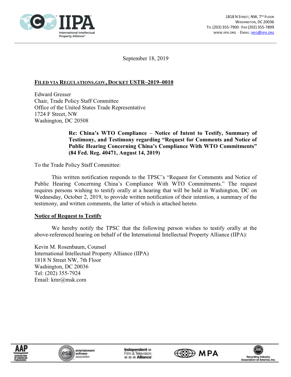 IIPA Notice of Intent to Testify, Summary of Testimony and Comments on China's Compliance With