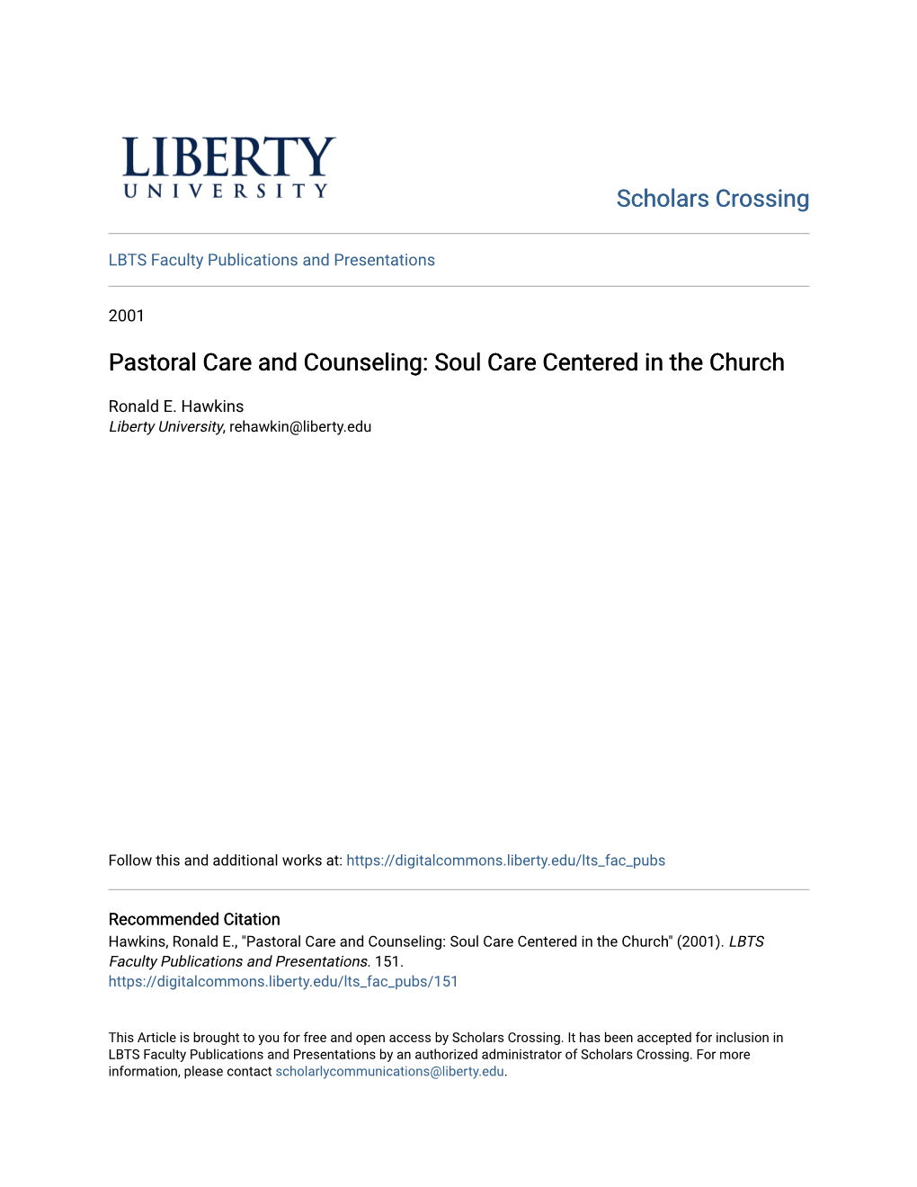 Pastoral Care and Counseling: Soul Care Centered in the Church