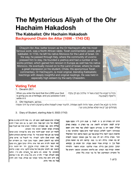 The Mysterious Aliyah of the Ohr Hachaim Hakadosh the Kabbalist: Ohr Hachaim Hakadosh Background Chaim Ibn Attar (1696 - 1743 CE)