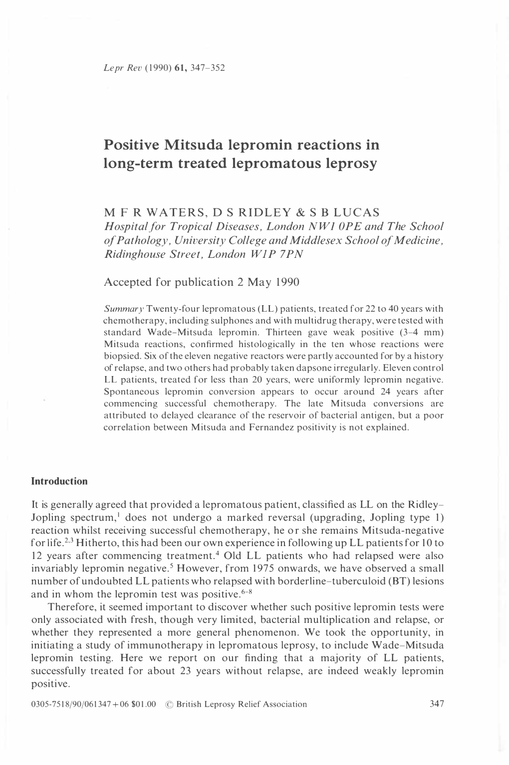 Positive Mitsuda Lepromin Reactions in Long-Term Treated Lepromatous Leprosy