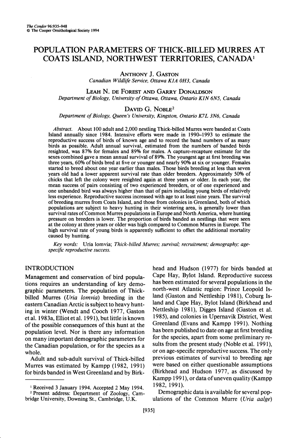 Population Parameters of Thick-Billed Murres at Coats Island, Northwest Territories, Canada ’