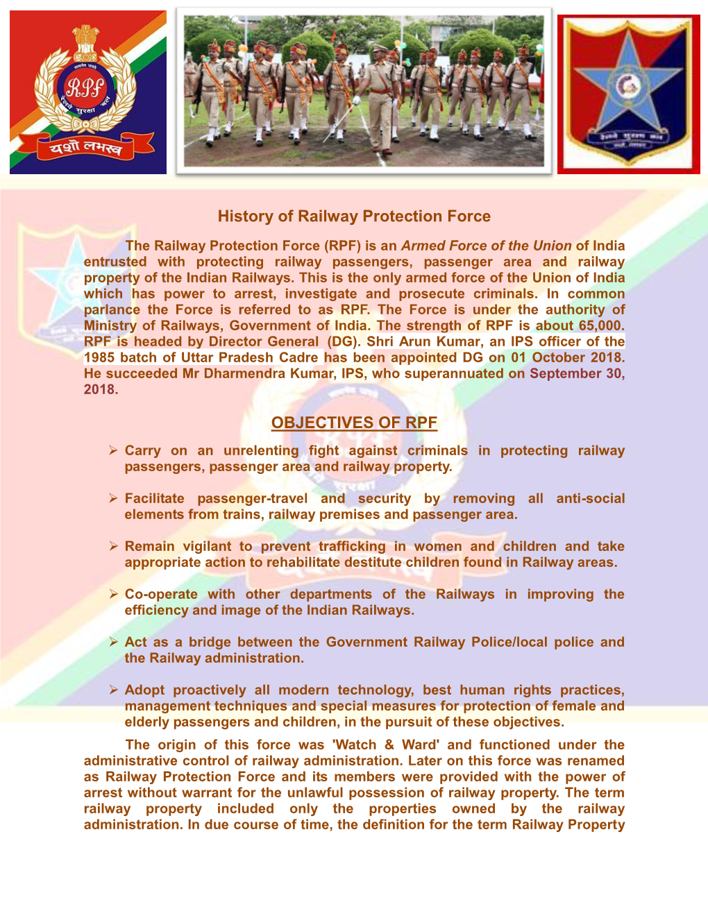 History of Railway Protection Force OBJECTIVES OF