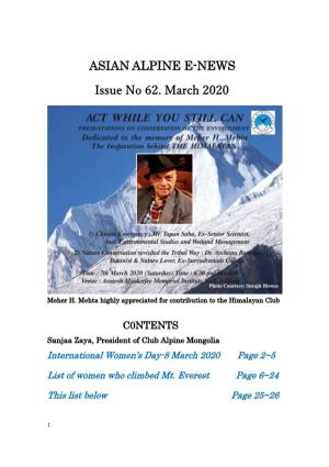 ASIAN ALPINE E-NEWS Issue No 62. March 2020