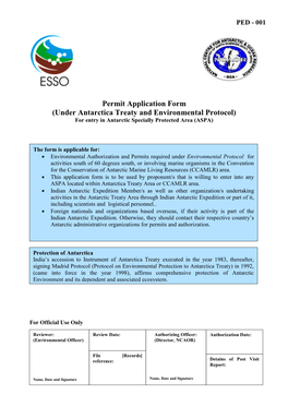 Permit Application Form (Under Antarctica Treaty and Environmental Protocol) for Entry in Antarctic Specially Protected Area (ASPA)