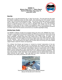 NEEMO 16 Mission Days 10 & 11 – Status Report Aquarius Reef Base