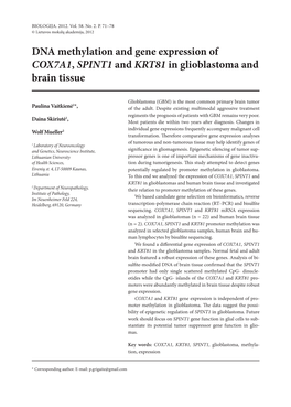 DNA Methylation and Gene Expression of COX7A1, SPINT1 and KRT81 in Glioblastoma and Brain Tissue