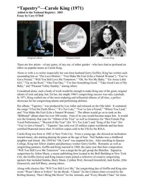 Tapestry”—Carole King (1971) Added to the National Registry: 2003 Essay by Cary O’Dell