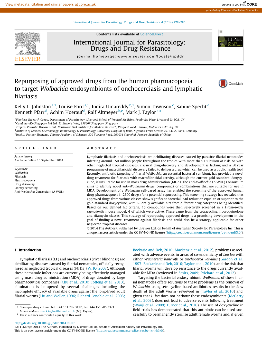 Repurposing of Approved Drugs from the Human Pharmacopoeia to Target Wolbachia Endosymbionts of Onchocerciasis and Lymphatic ﬁlariasis