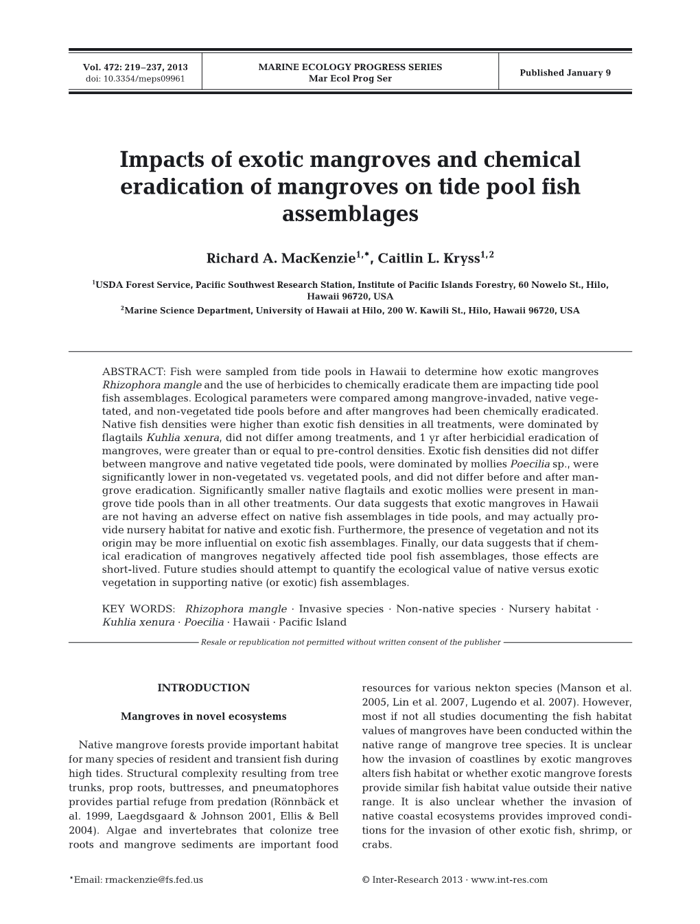 Impacts of Exotic Mangroves and Chemical Eradication of Mangroves on Tide Pool Fish Assemblages