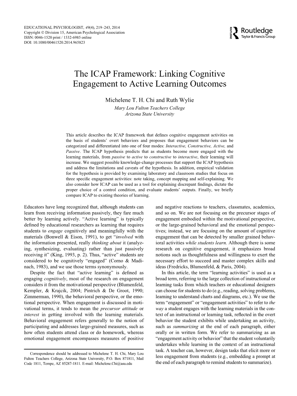 ICAP Framework: Linking Cognitive Engagement to Active Learning Outcomes