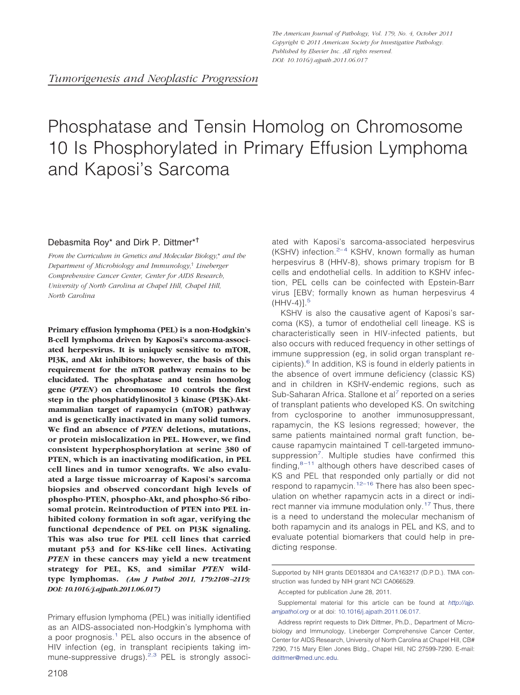 Phosphatase and Tensin Homolog on Chromosome 10 Is Phosphorylated in Primary Effusion Lymphoma and Kaposi’S Sarcoma