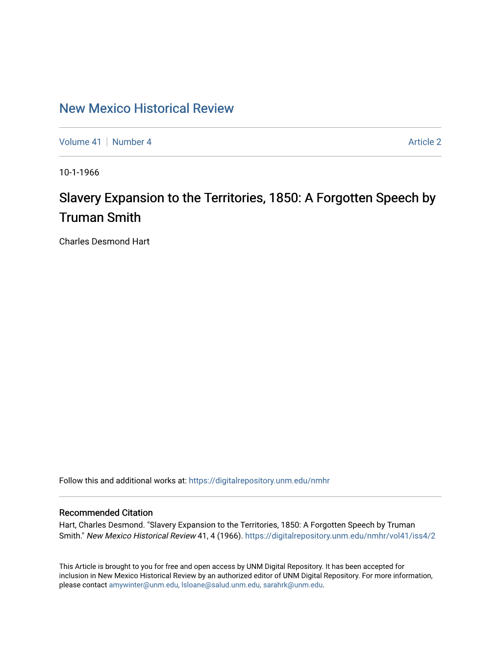 Slavery Expansion to the Territories, 1850: a Forgotten Speech by Truman Smith
