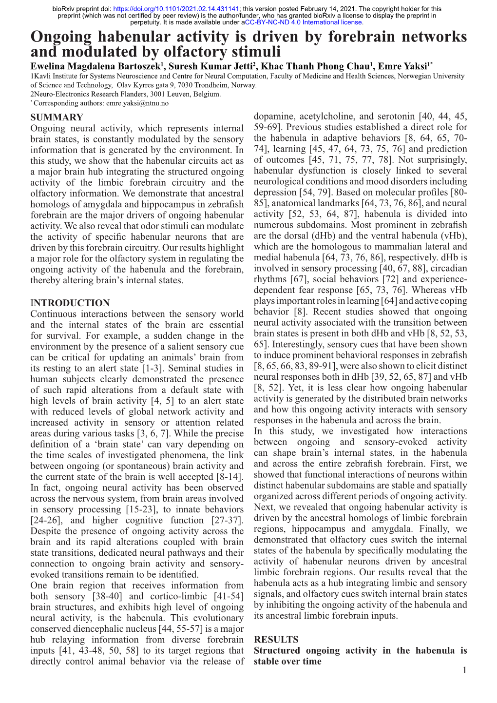 Ongoing Habenular Activity Is Driven by Forebrain Networks And