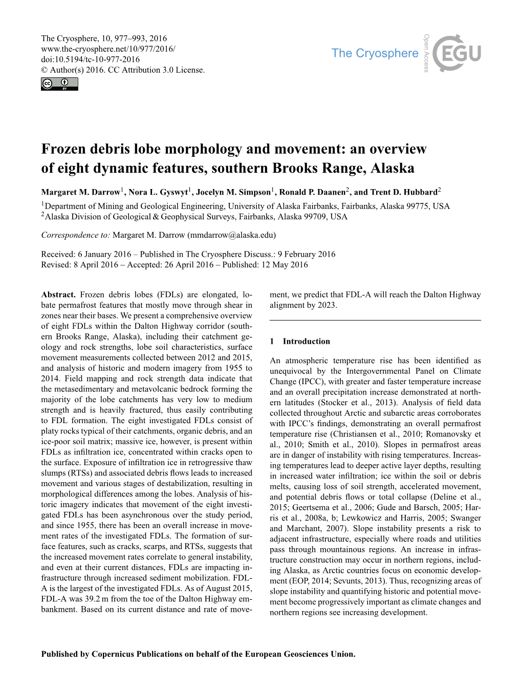 Frozen Debris Lobe Morphology and Movement: an Overview of Eight Dynamic Features, Southern Brooks Range, Alaska
