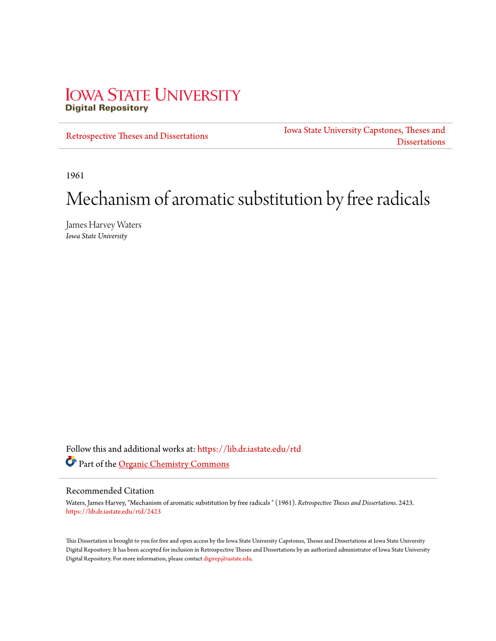 Mechanism of Aromatic Substitution by Free Radicals James Harvey Waters Iowa State University