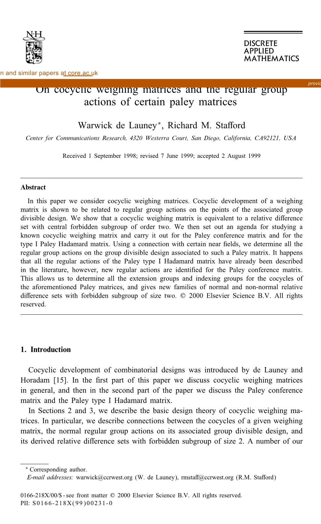 On Cocyclic Weighing Matrices and the Regular Group Actions of Certain