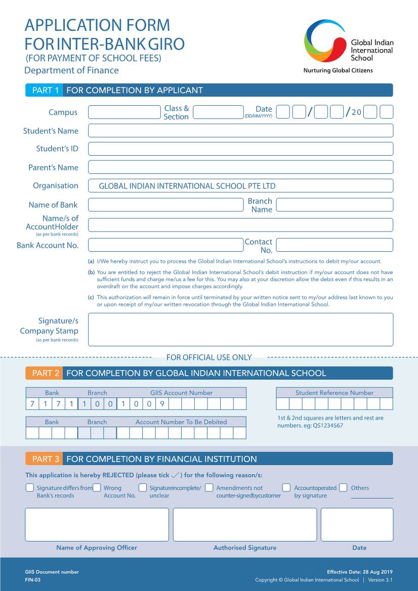 APPLICATION FORM for INTER-BANK GIRO (FOR PAYMENT of SCHOOL FEES) Department of Finance