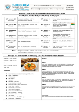 Recipe for the Month of January, 2019 : Paneer Butter Masala