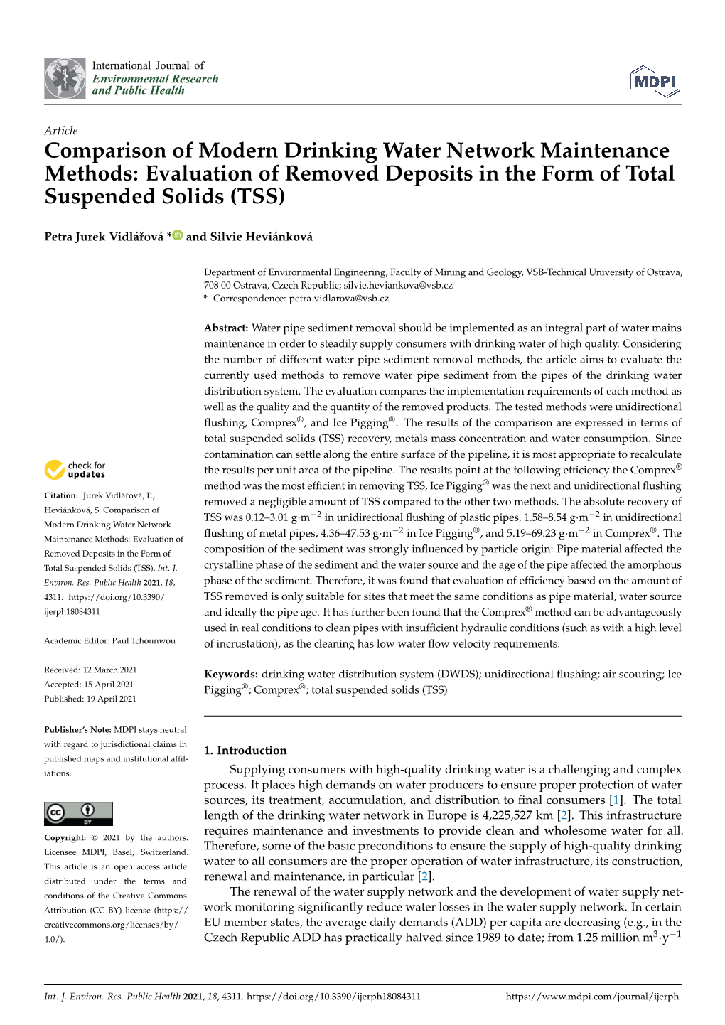 Comparison of Modern Drinking Water Network Maintenance Methods: Evaluation of Removed Deposits in the Form of Total Suspended Solids (TSS)
