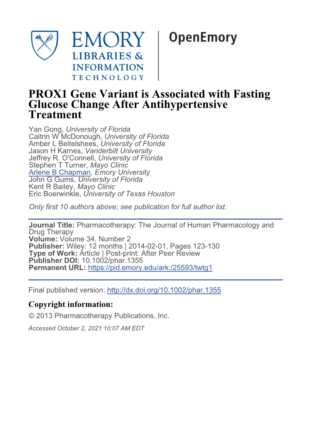 PROX1 Gene Variant Is Associated with Fasting