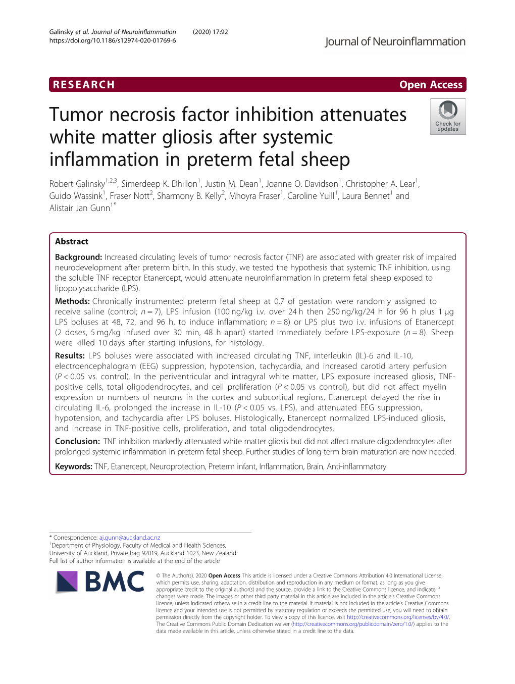 Tumor Necrosis Factor Inhibition Attenuates White Matter Gliosis After Systemic Inflammation in Preterm Fetal Sheep Robert Galinsky1,2,3, Simerdeep K