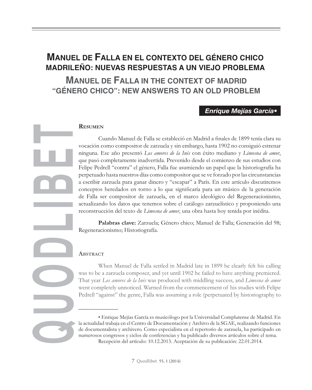 Manuel De Falla in the Context of Madrid “Género Chico”: New Answers to an Old Problem
