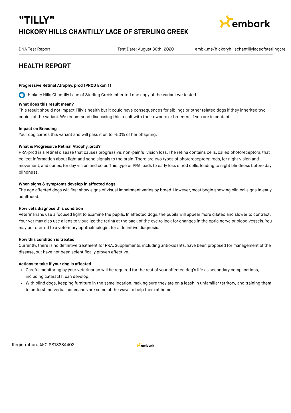 “Tilly” Canine Genetic Health Certificate