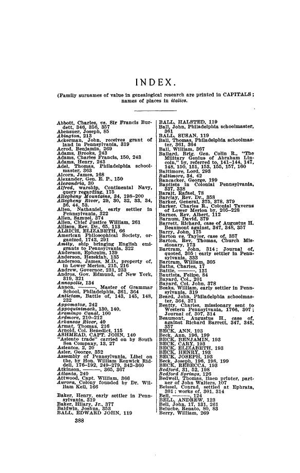 INDEX. (Family Surnames of Value in Genealogical Research Are Printed in CAPITALS; Names of Places in Itaucs