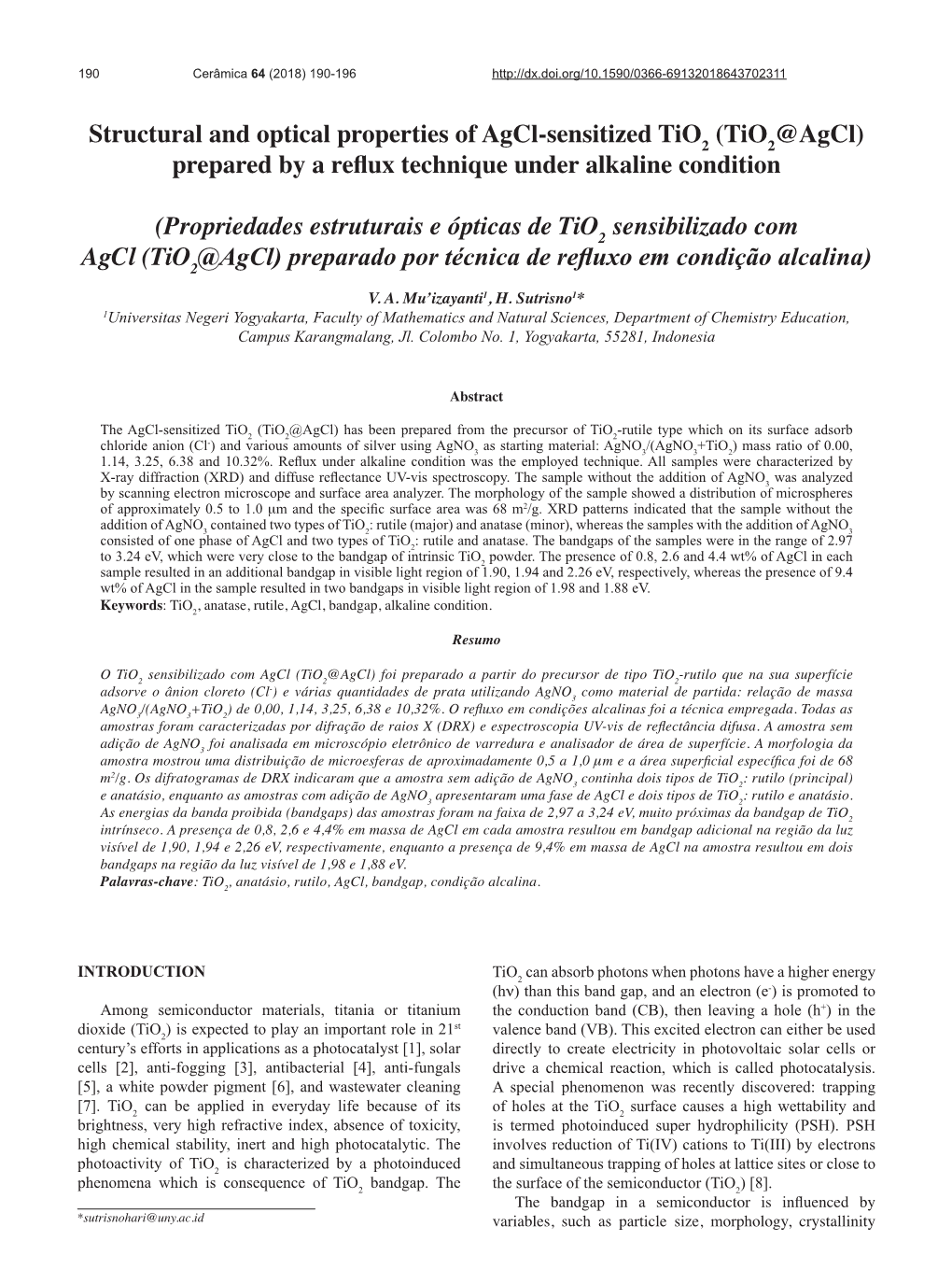 Structural and Optical Properties of Agcl-Sensitized Tio2 (Tio2@Agcl) Prepared by a Reflux Technique Under Alkaline Condition