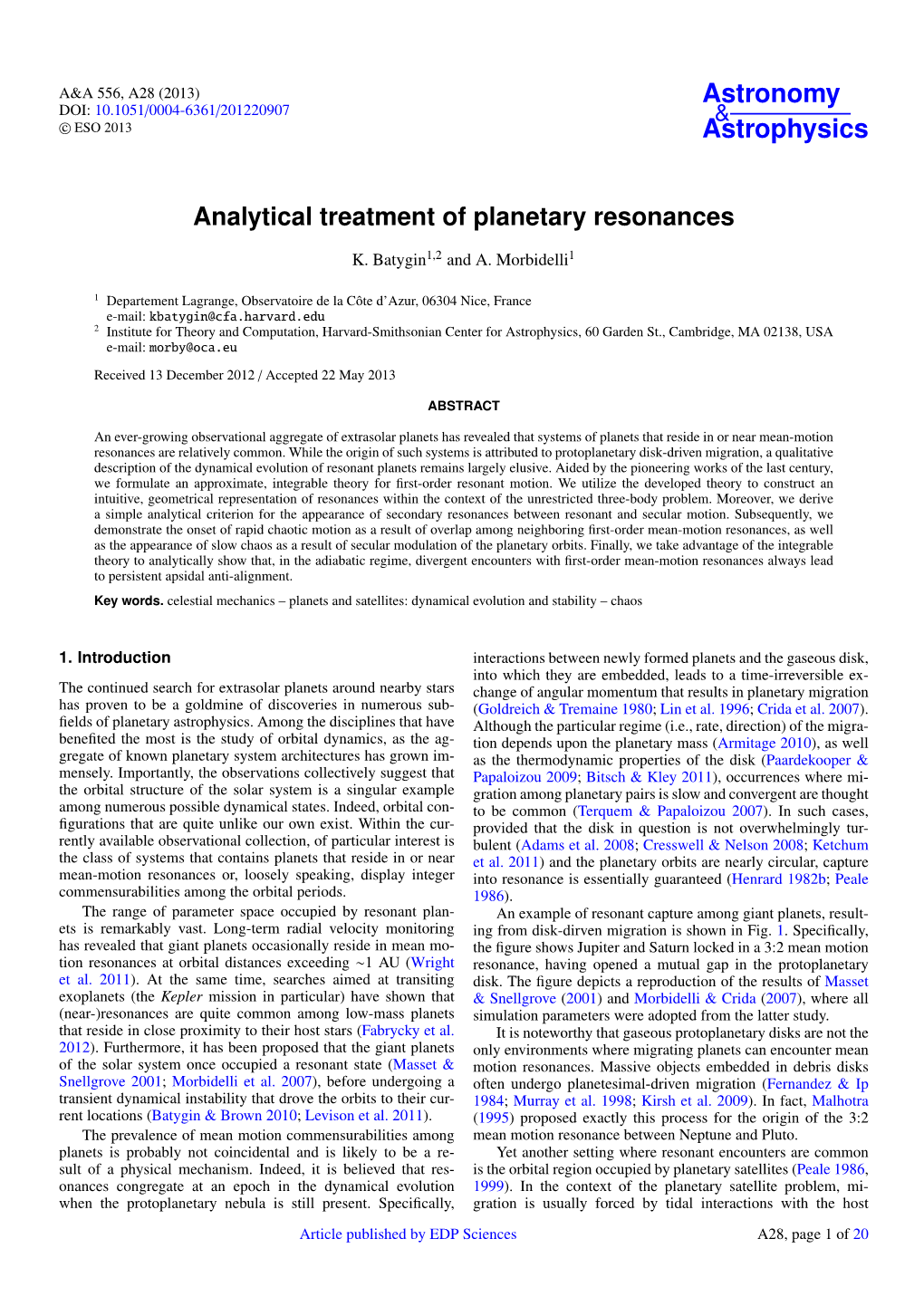 Analytical Treatment of Planetary Resonances