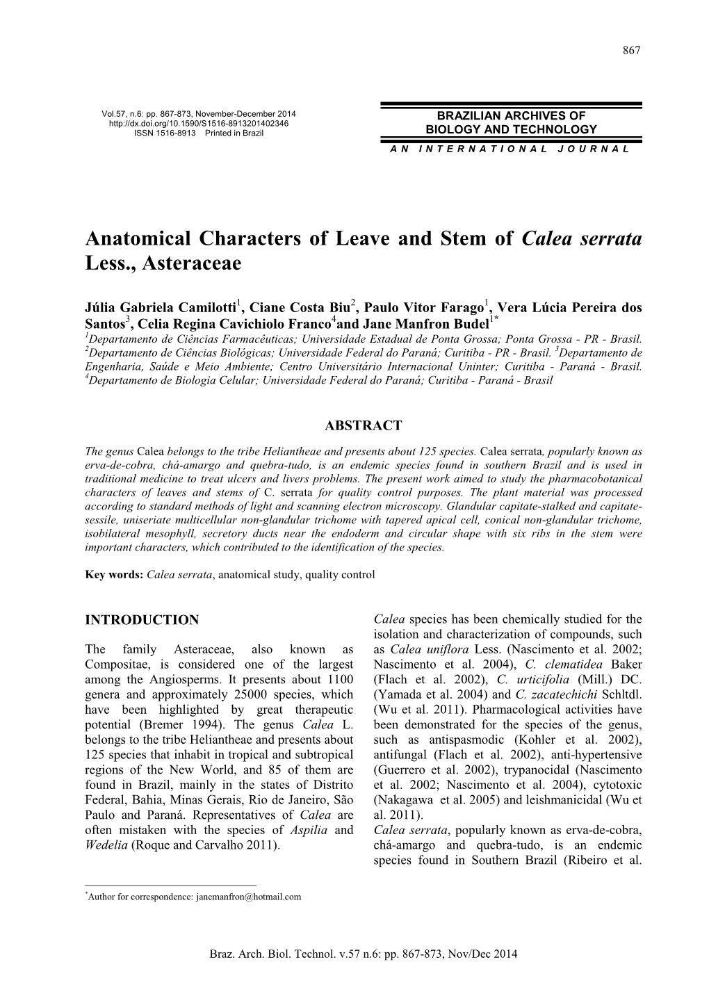 Anatomical Characters of Leave and Stem of Calea Serrata Less., Asteraceae
