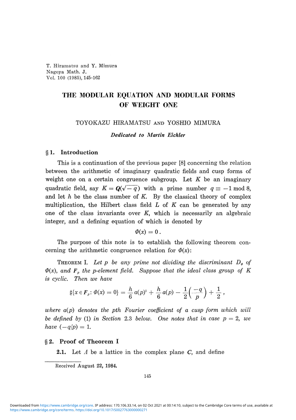 The Modular Equation and Modular Forms of Weight One