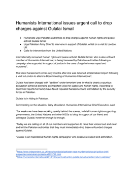 Humanists International Issues Urgent Call to Drop Charges Against Gulalai Ismail