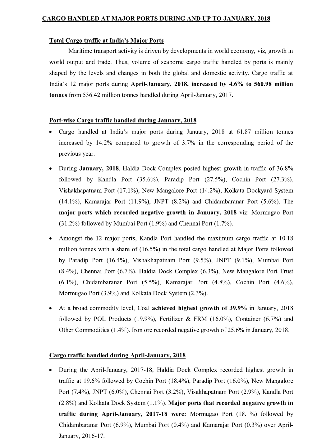 Cargo Handled at Major Ports During and up to January, 2018