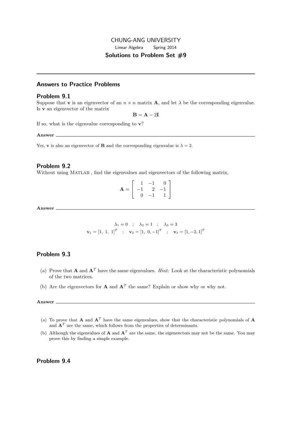 CHUNG-ANG UNIVERSITY Solutions to Problem Set #9 Answers To