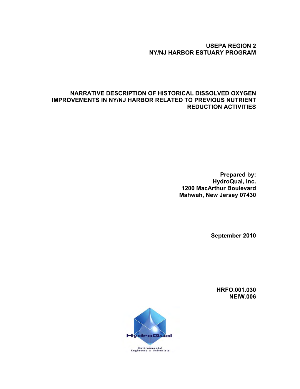 Narrative Description of Historical Dissolved Oxygen Improvements in Ny/Nj Harbor Related to Previous Nutrient Reduction Activities