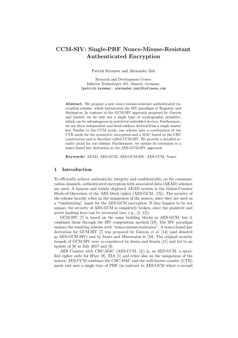 CCM-SIV: Single-PRF Nonce-Misuse-Resistant Authenticated Encryption