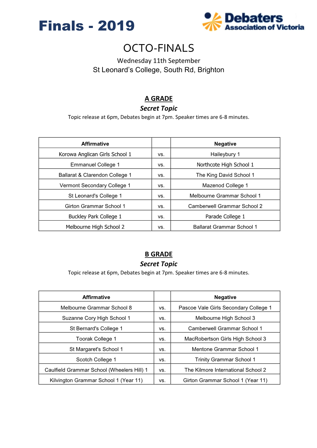 Finals - 2019 OCTO-FINALS Wednesday 11Th September St Leonard’S College, South Rd, Brighton