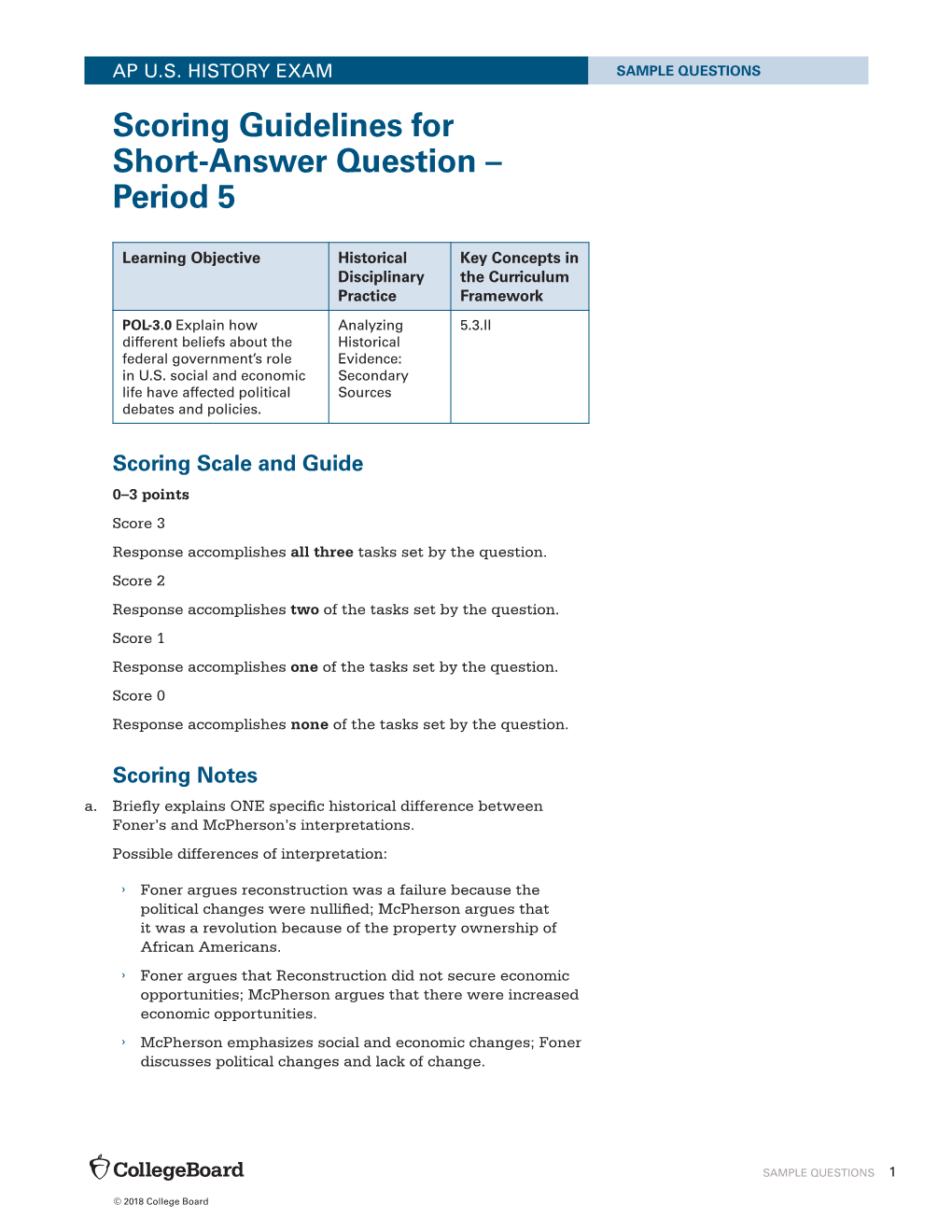 Scoring Guidelines for Short-Answer Question – Period 5