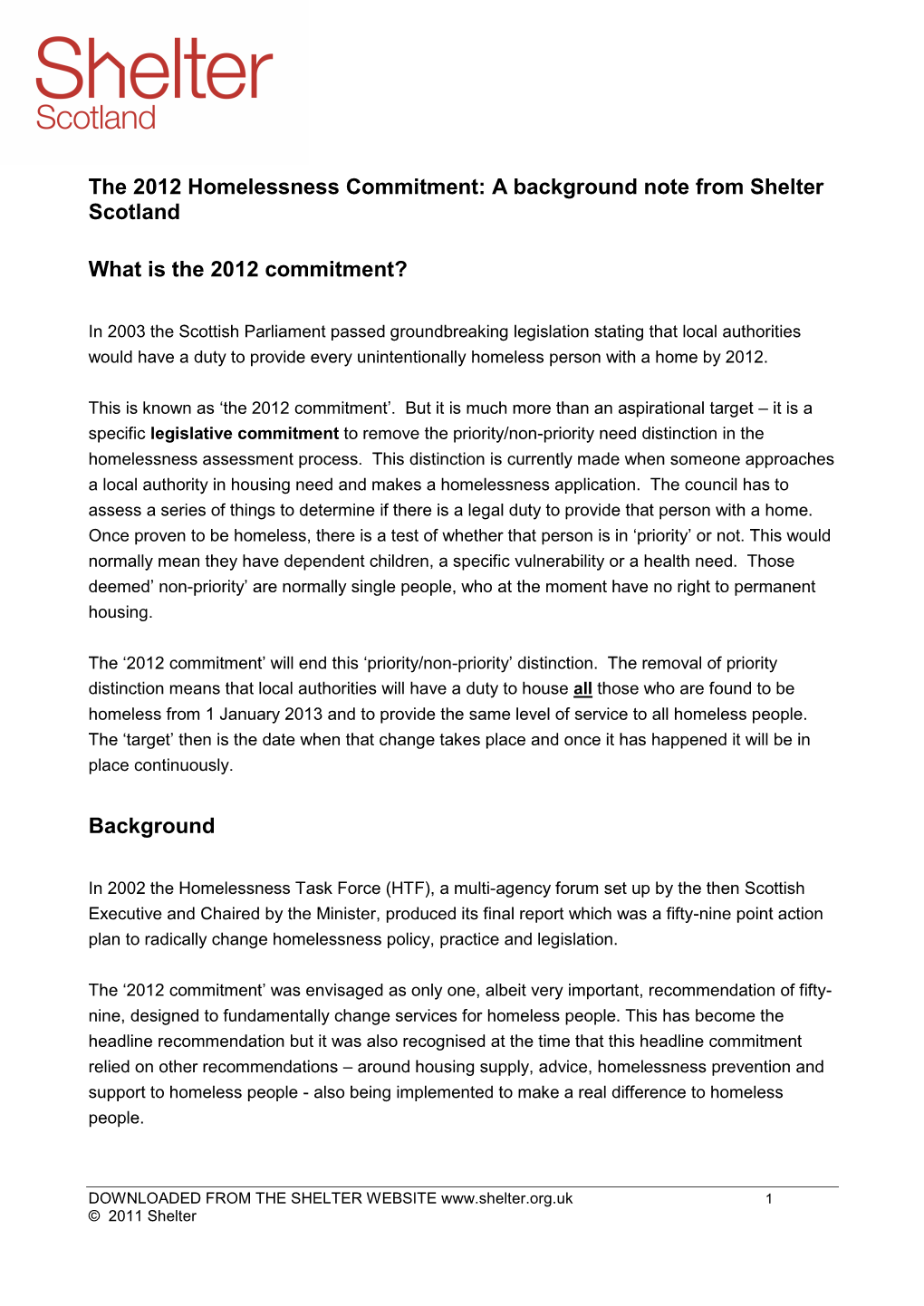 The 2012 Homelessness Commitment: a Background Note from Shelter Scotland