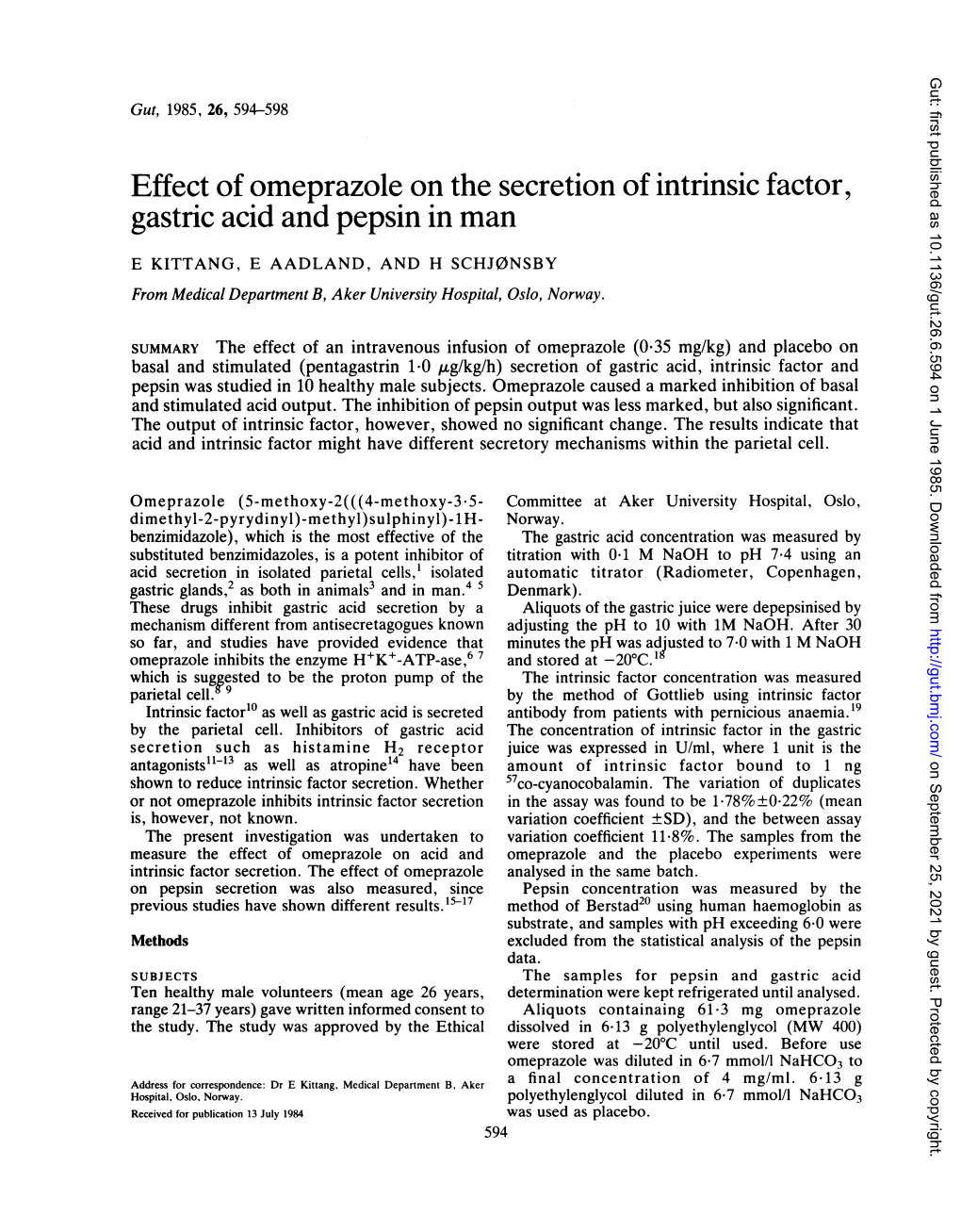 Effect of Omeprazole on the Secretion of Intrinsicfactor, Gastric Acid And