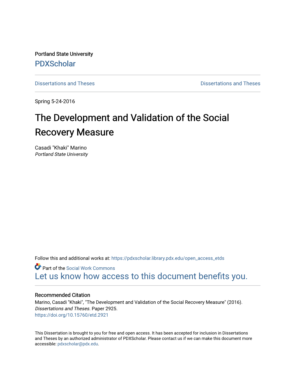 The Development and Validation of the Social Recovery Measure