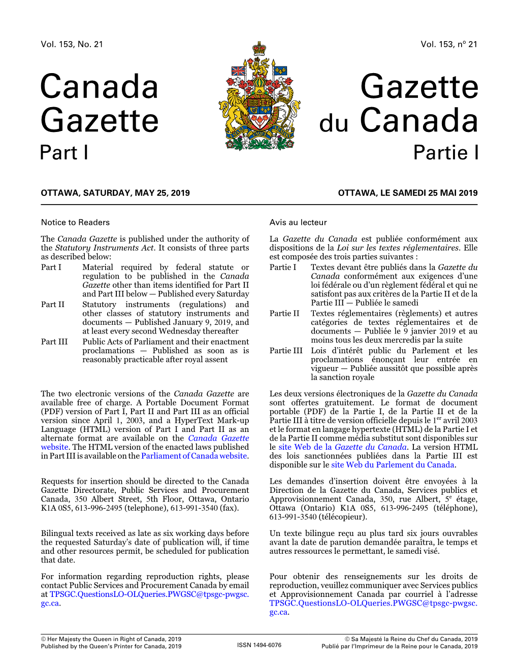Canada Gazette, Part I, and the Date Avis
